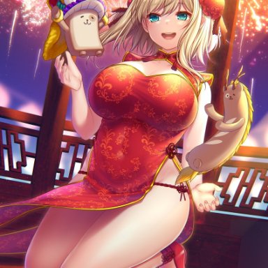 suzuki nene, original, 1girl, :d, bare arms, bare shoulders, blonde hair, blue eyes, breasts, bun cover, china dress, chinese clothes, cleavage cutout, clothing cutout, creature