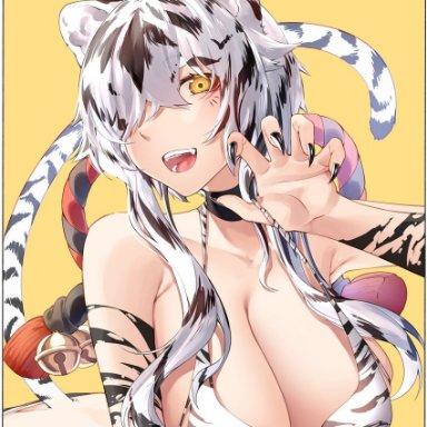 kei (soundcross), original, 1girl, ahoge, animal ears, ass, bare shoulders, bell, bra, bra pull, breasts, chinese zodiac, claws, clothes pull, huge breasts