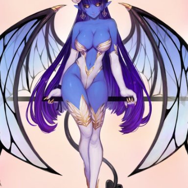matilda fiship, original, 1girl, bare shoulders, black sclera, blue skin, breasts, butterfly hair ornament, cleavage, closed mouth, colored sclera, colored skin, curled horns, demon girl, demon horns