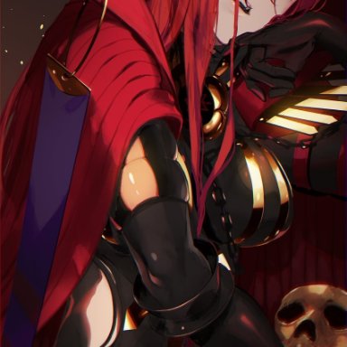 semi (p-poco), fate/grand order, fate (series), oda nobunaga (fate), oda nobunaga (maou avenger) (fate), 1girl, bangs, black bodysuit, bodysuit, breasts, cape, gloves, hair over one eye, large breasts, long hair