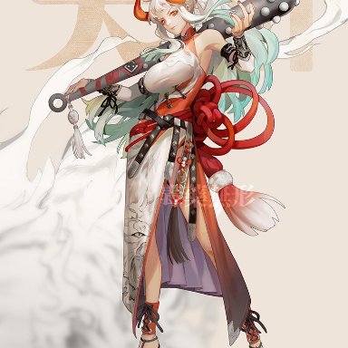 dywx poison, one piece, yamato (one piece), 1girl, alternate costume, bare shoulders, belt, breasts, china dress, chinese clothes, closed mouth, club (weapon), curled horns, detached sleeves, dress
