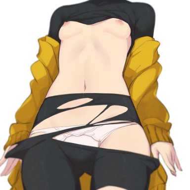 morisobo, under night in-birth, linne, 1girl, ass visible through thighs, black pants, black shirt, breasts, brown hair, clothes pull, head out of frame, hood, hoodie, lips, navel