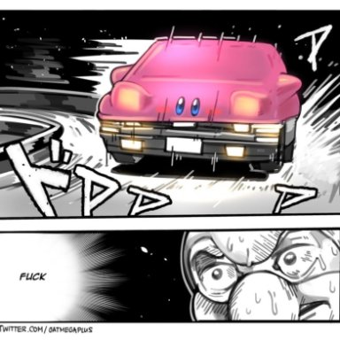 oatmegaplus, initial d, kirby (series), kirby and the forgotten land, king dedede, kirby, blue eyes, car, comic, drifting, ground vehicle, motor vehicle, mouthful mode, multi-track drifting, parody