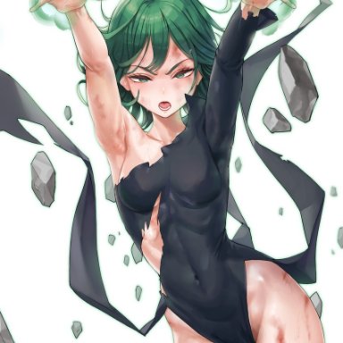 mute (mute89539160), one-punch man, tatsumaki, 1girl, armpits, arms up, aura, black dress, breasts, bruise, bruise on face, collarbone, covered navel, cowboy shot, curly hair