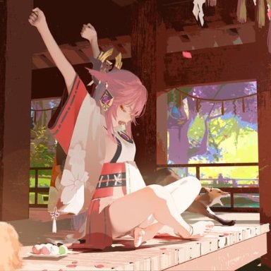 tacshojosora, genshin impact, yae miko, 3girls, animal, animal ears, anklet, architecture, arms up, bamboo broom, bare legs, black hair, broom, cherry blossoms, cleaning