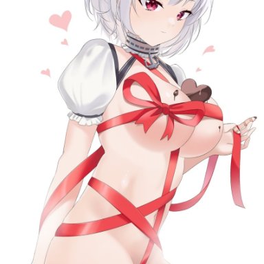 oxygen mask (oxygenmask233), azur lane, sirius (azur lane), 1girl, between breasts, breasts, chocolate, chocolate on breasts, heart, large breasts, looking at viewer, naked chocolate, naked ribbon, nude, puffy short sleeves