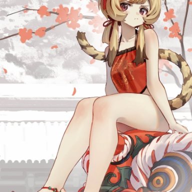 songchuan li, arknights, du (arknights), 1girl, animal ears, anklet, barefoot, bead anklet, blonde hair, bottomless, brown hair, cherry blossoms, collarbone, ear ornament, feet