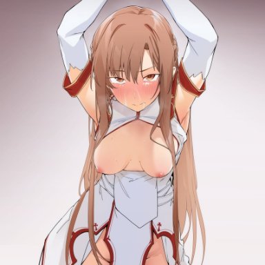 uno ryoku, sword art online, asuna (sao), 1girl, armpits, arms up, bangs, blush, bound, bound wrists, breasts, brown eyes, brown hair, detached sleeves, drooling