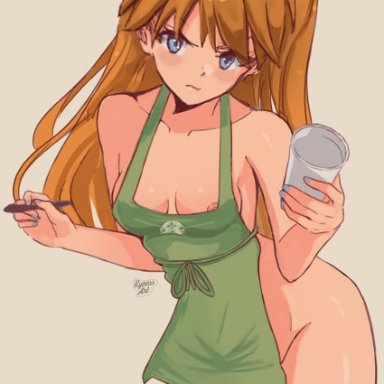 ryness, neon genesis evangelion, starbucks, souryuu asuka langley, 1girl, :s, apron, areola slip, areolae, blue eyes, brown hair, coffee, coffee cup, cup, disposable cup