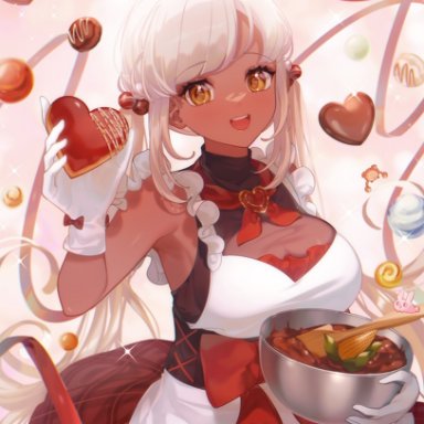 2nii, hololive, hololive english, kaniko (tsukumo sana), tsukumo sana, usaslug (tsukumo sana), 1girl, :d, apron, breasts, brown eyes, candy, chocolate, cooking, corn