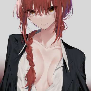 narakuroko27, chainsaw man, makima (chainsaw man), 1girl, braid, braided ponytail, breasts, breasts apart, business suit, collarbone, eyebrows visible through hair, formal, hair between eyes, hair over shoulder, large breasts