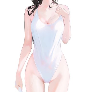 mery (yangmalgage), hyouka, chitanda eru, 1girl, black hair, blush, breasts, cleavage, cropped legs, holding, holding towel, large breasts, long hair, looking at viewer, one-piece swimsuit