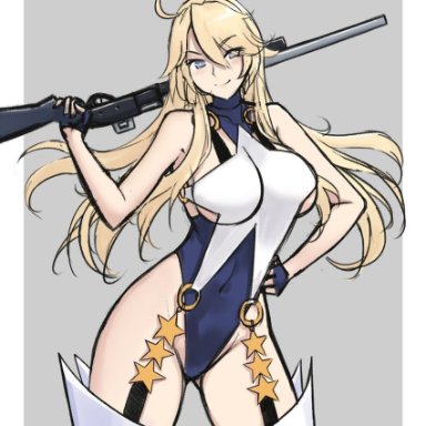 odachu, kantai collection, iowa (kancolle), alternate costume, blonde hair, blue eyes, breasts, covered navel, garter straps, grey background, gun, holding, holding weapon, large breasts, leotard