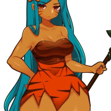 rayrie, cookie run, tiger lily cookie, 1girl, bare shoulders, blue hair, breasts, cleavage, closed mouth, collarbone, dark-skinned female, dark skin, expressionless, eyebrows visible through hair, facial mark