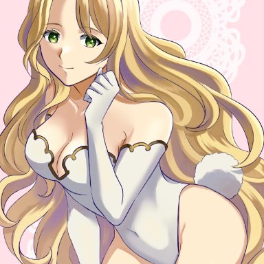 fe17q9, fire emblem, fire emblem: the blazing blade, saint elimine (fire emblem), 1girl, animal ears, bare shoulders, blonde hair, breasts, cleavage, collarbone, covered navel, elbow gloves, eyebrows visible through hair, fake animal ears