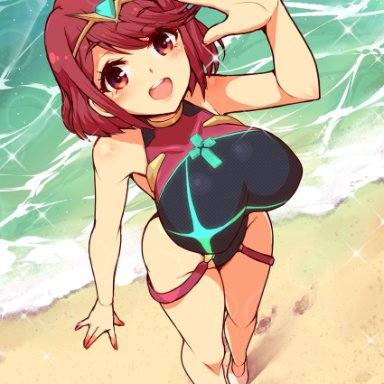 virus-g, xenoblade chronicles (series), xenoblade chronicles 2, pyra (pro swimmer) (xenoblade), pyra (xenoblade), 1girl, :d, bangs, beach, bikini, black swimsuit, breasts, chest jewel, competition swimsuit, covered collarbone