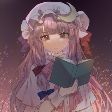 kanta (pixiv9296614), touhou, patchouli knowledge, 1girl, annoyed, bangs, blue bow, blunt bangs, book, bow, capelet, chromatic aberration, closed mouth, crescent, crescent hat ornament