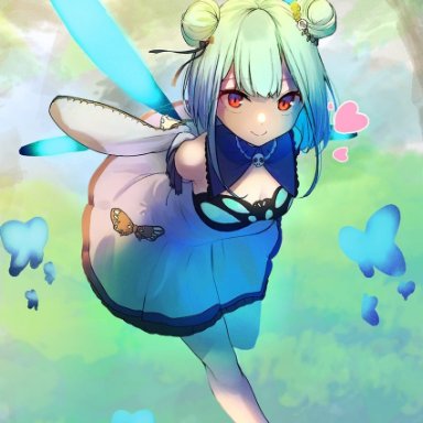 38 (sanjuuhachi), hololive, uruha rushia, 1girl, arms behind back, black butterfly, blue butterfly, blue dress, breasts, bug, butterfly, cleavage, closed mouth, day, detached sleeves