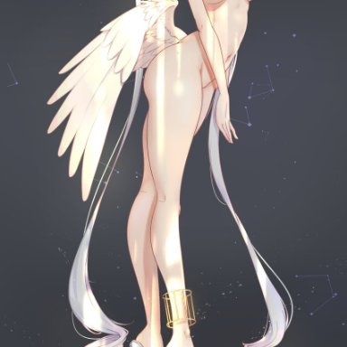 xiao jian, 1girl, absurdly long hair, ahoge, angel wings, bangs, blunt bangs, blush, breasts, closed mouth, collarbone, double bun, eyebrows visible through hair, feathered wings, full body