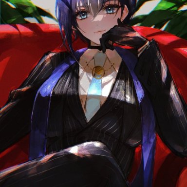mamaloni, hololive, hololive english, ouro kronii, blue eyes, formal, gloves, pant suit, pinstripe pattern, pinstripe suit, sitting, striped, suit, virtual youtuber