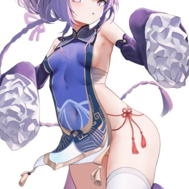 berserker r, genshin impact, qiqi (genshin impact), 1girl, alternate costume, bangs, breasts, chinese clothes, chinese knot, coin, covered navel, detached sleeves, flats, frilled sleeves, frills
