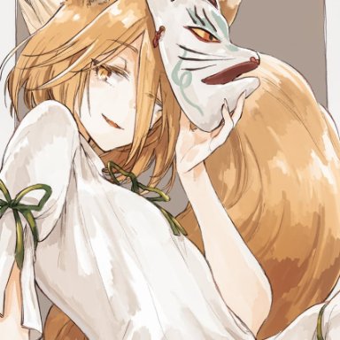 hisona (suaritesumi), touhou, kudamaki tsukasa, 1girl, :3, animal ears, arm ribbon, blonde hair, border, breasts, eyebrows visible through hair, fang, fingernails, fox ears, fox girl