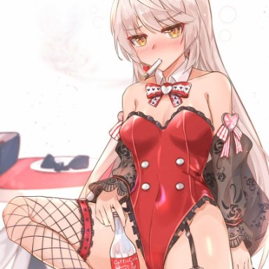 muteppona hito, counter:side, hilde (counter:side), 1girl, animal ears, bangs, bare shoulders, black footwear, blush, bottle, bow, bowtie, breasts, chair, cigarette