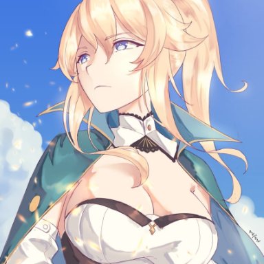 ark ford, genshin impact, jean (genshin impact), 1girl, artist name, blonde hair, blue eyes, blue sky, breasts, cape, cleavage, cloud, from behind, from side, green cape