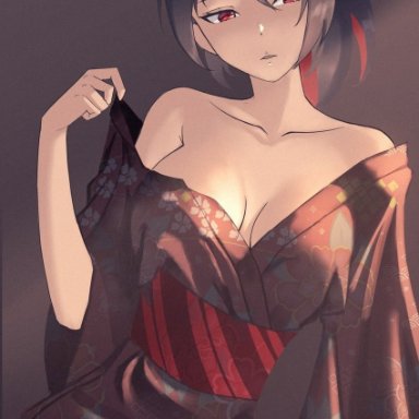 ark ford, hololive, hololive english, enma-chan, 1girl, artist name, black hair, breasts, cleavage, grey background, large breasts, obi, off shoulder, parted lips, ponytail